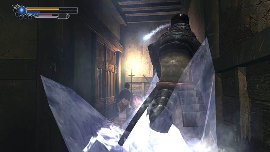 A warrior from Onimusha 2: Samurai’s Destiny Remaster battles a large armored enemy in a narrow hallway, with ice shards filling the scene.