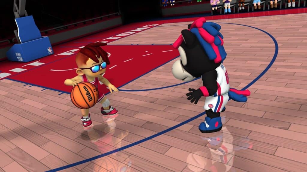 Cartoon boy dribbling basketball faces off against a mascot on the court, showing off his NBA Bounce skills.