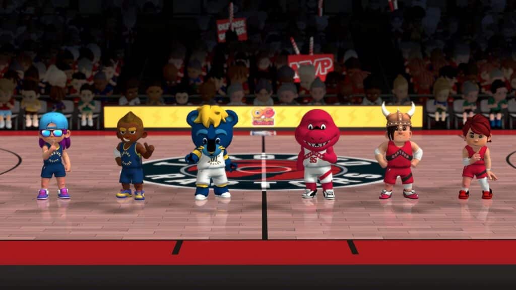 Six animated basketball mascots stand on a court, posing in front of a cheering crowd during the vibrant NBA Bounce event.