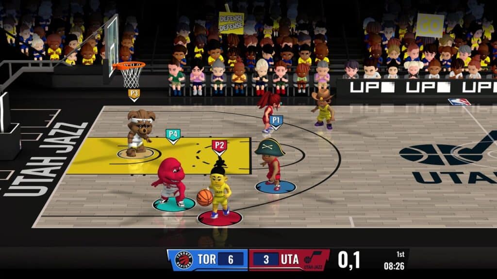 Cartoon mascots play basketball on a Utah Jazz court with a cheering crowd, bringing the excitement of NBA Bounce to life.