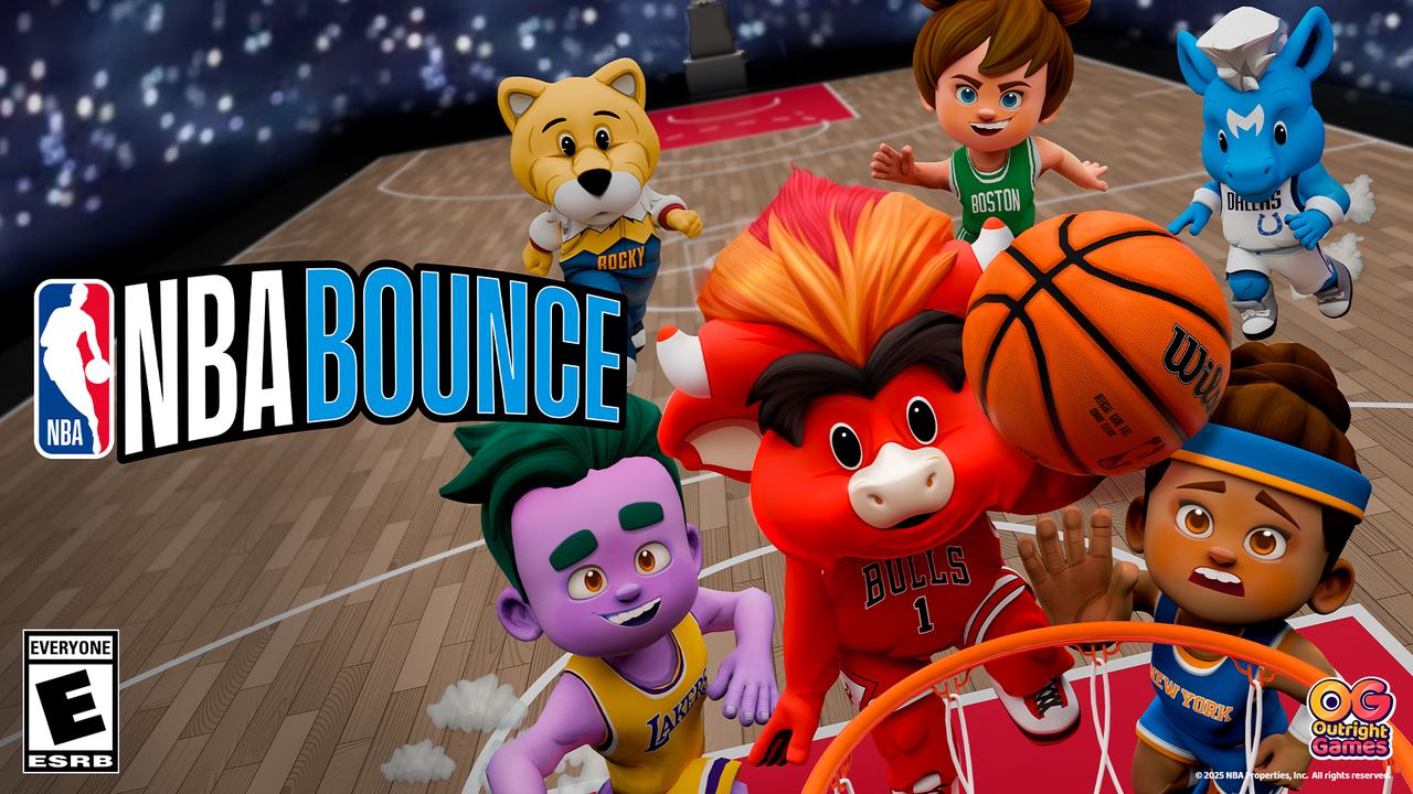 Cartoon NBA mascots and players play basketball on a court, showing off their skills beside the vibrant "NBA Bounce" logo on the left.