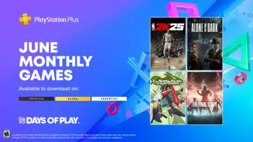 PlayStation Plus June Monthly Games: NBA 2K25, Alone in the Dark, SpongeBob, The Final Shape, shown with cover art.
