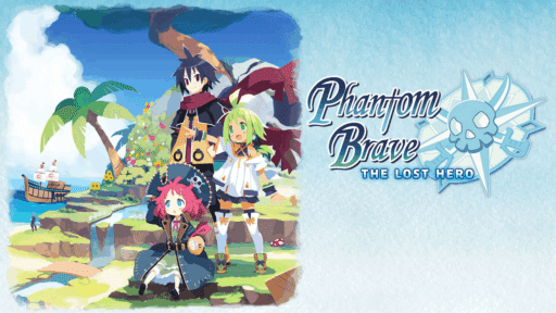 Three colorful anime characters stand on a bright island, with the Phantom Brave: The Lost Hero logo displayed boldly beside them.