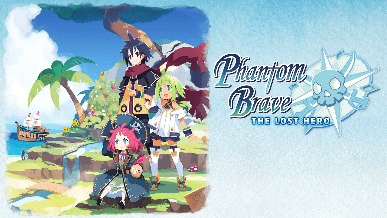 Three colorful anime characters stand on a bright island, with the Phantom Brave: The Lost Hero logo displayed boldly beside them.