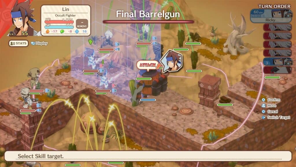 A tactical RPG battle scene inspired by Phantom Brave: The Lost Hero, with characters on a grid, selecting a skill called "Final Barrelgun.