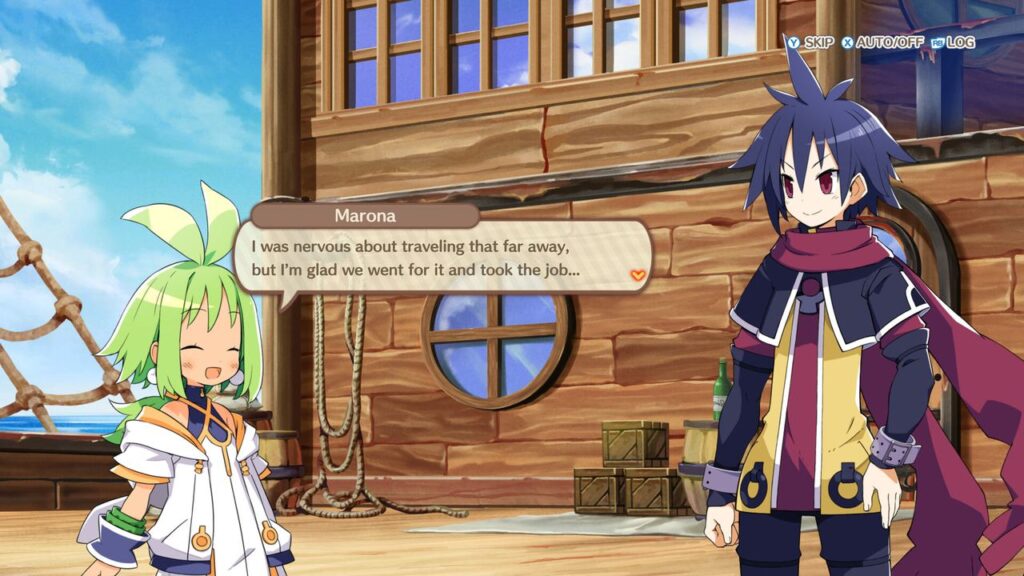Two anime characters, inspired by Phantom Brave: The Lost Hero, talk on a wooden ship deck; one smiles while the other listens calmly.