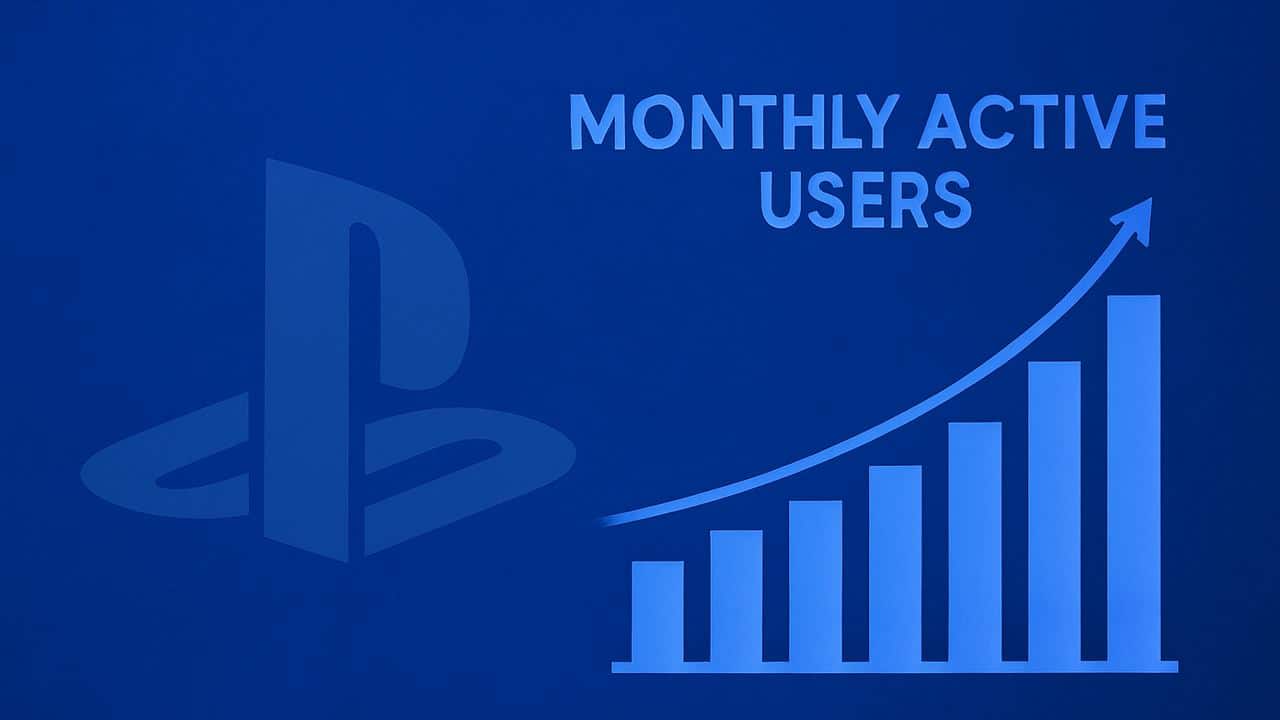 Bar graph with upward trend and text: "Monthly Active Users" on a blue background featuring the PlayStation logo, highlighting the success of the PlayStation engagement strategy.