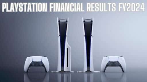 Two PlayStation 5 consoles and controllers sit below the text "PlayStation FY2024 Financial Results.