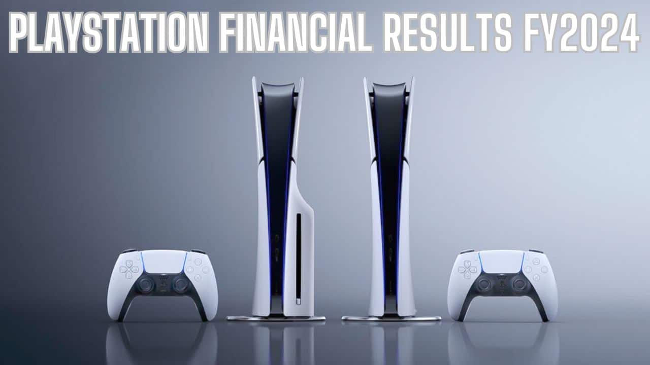 Two PlayStation 5 consoles and controllers sit below the text "PlayStation FY2024 Financial Results.