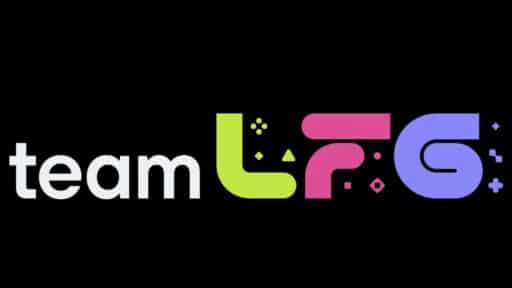 The text “teamLFG joins PlayStation Studios” appears in white, green, pink, and purple on a black background with geometric shapes.
