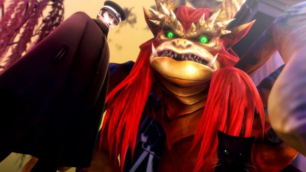 A man in a coat, a red-maned dragon creature, and a black cat look down with intense expressions, as if bracing for the Sega financial results 2025.