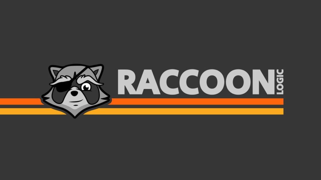 Cartoon raccoon head next to "RACCOON LOGIC" text with orange and yellow stripes on a dark background, inspired by Alex Hutchinson Google Stadia’s creative flair.