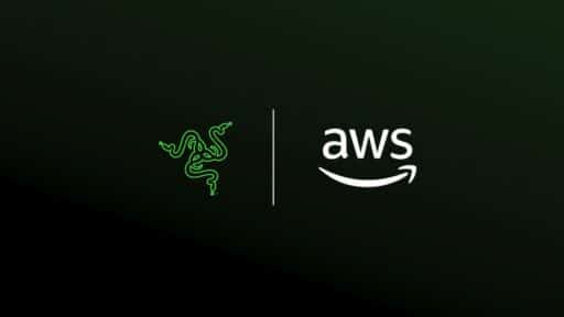 Razer logo and AWS logo side by side on a dark background, separated by a vertical line, highlighting Razer AI dev tools powered by AWS.