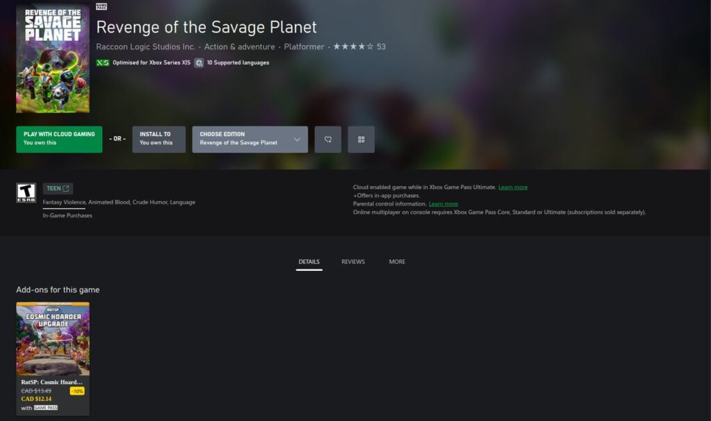 Game page for "Revenge of the Savage Planet," from Alex Hutchinson—known for his work on Google Stadia—showing cover art, ratings, and options to install or buy.