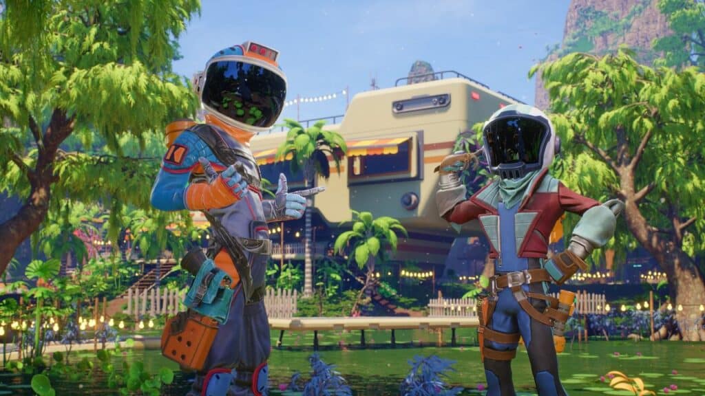Two astronauts in colorful suits pose in front of a futuristic house surrounded by lush greenery and water, reminiscent of the imaginative worlds envisioned by Alex Hutchinson, former creative director at Google Stadia.