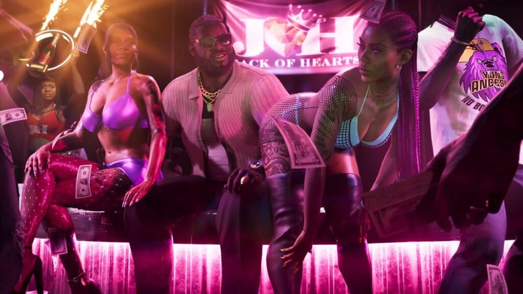 Three people dance on a club stage with neon lights, surrounded by money and an energetic crowd—giving off vibes straight out of the second GTA VI trailer.