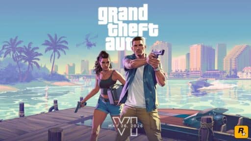 Two characters with guns stand on a dock; "Grand Theft Auto VI" and "May 26, 2026" appear above, hinting at excitement for the second GTA VI trailer.