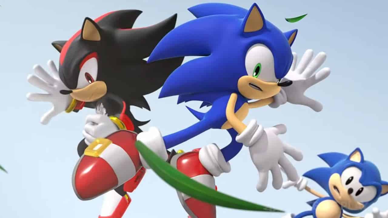 Shadow and Sonic the Hedgehog pose back to back, with a classic version of Sonic running in the foreground—a scene celebrating their legacy as fans await updates like the Sega financial results 2025.