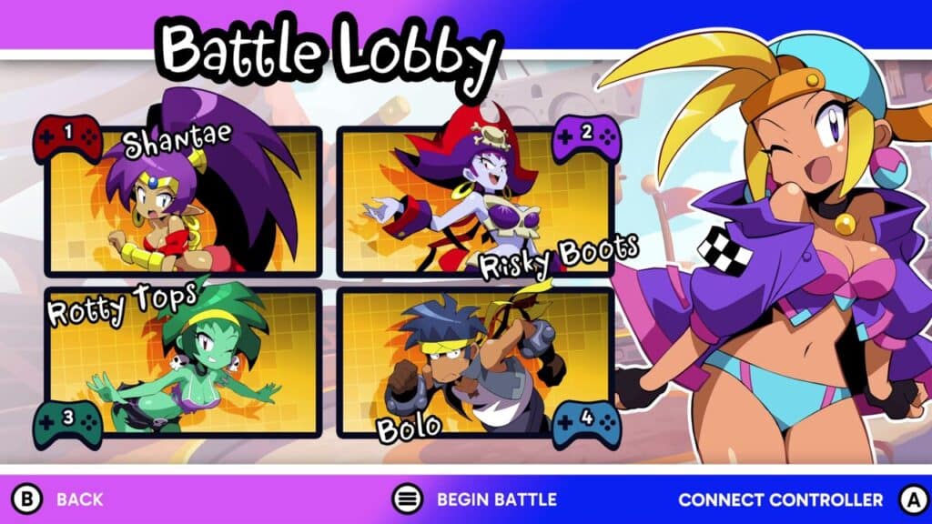Battle Lobby screen inspired by Shantae Advance: Risky Revolution, featuring four cartoon character choices: Shantae, Risky Boots, Rottytops, and Bolo.