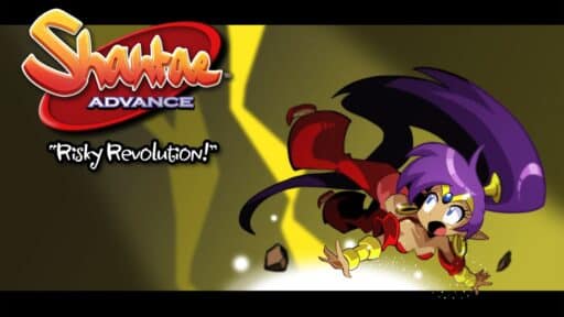 Animated girl with purple hair and red outfit falling, alongside the text "Shantae Advance: Risky Revolution!" on the left.