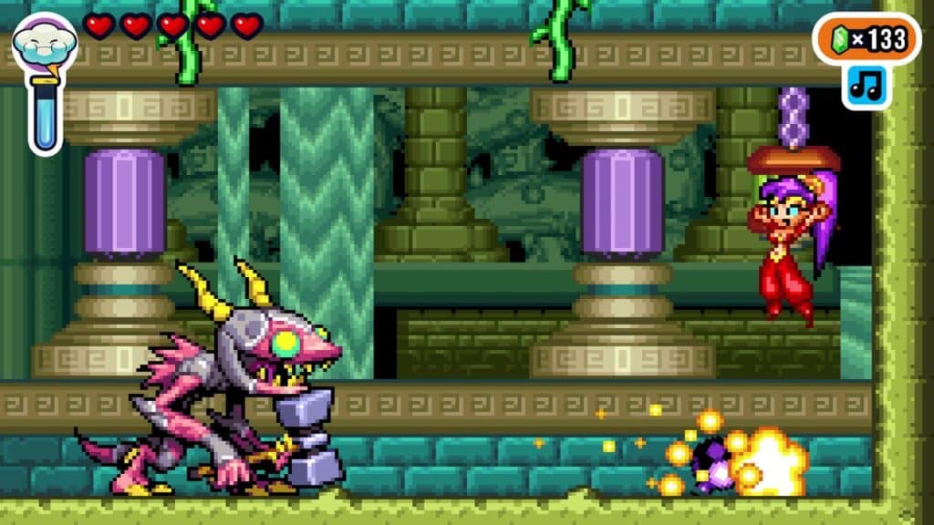 A purple-haired character hangs from a chain as a horned monster approaches in a pixelated dungeon scene inspired by Shantae Advance: Risky Revolution.