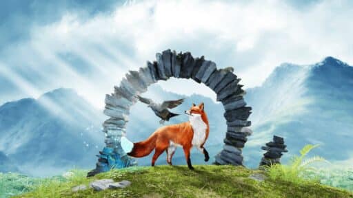 A fox and a black bird stand near a stone arch on grass, with mountains and sunlight in the background, evoking the enchanting world of Spirit of the North 2.