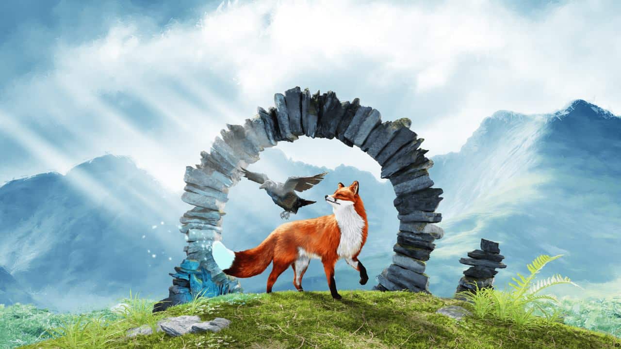 A fox and a black bird stand near a stone arch on grass, with mountains and sunlight in the background, evoking the enchanting world of Spirit of the North 2.