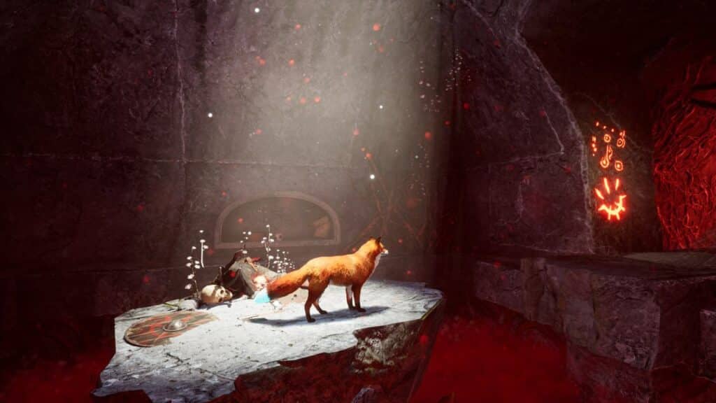 A fox stands on a stone platform in a cave, illuminated by a beam of light with glowing red symbols nearby, evoking the mystical atmosphere of Spirit of the North 2.