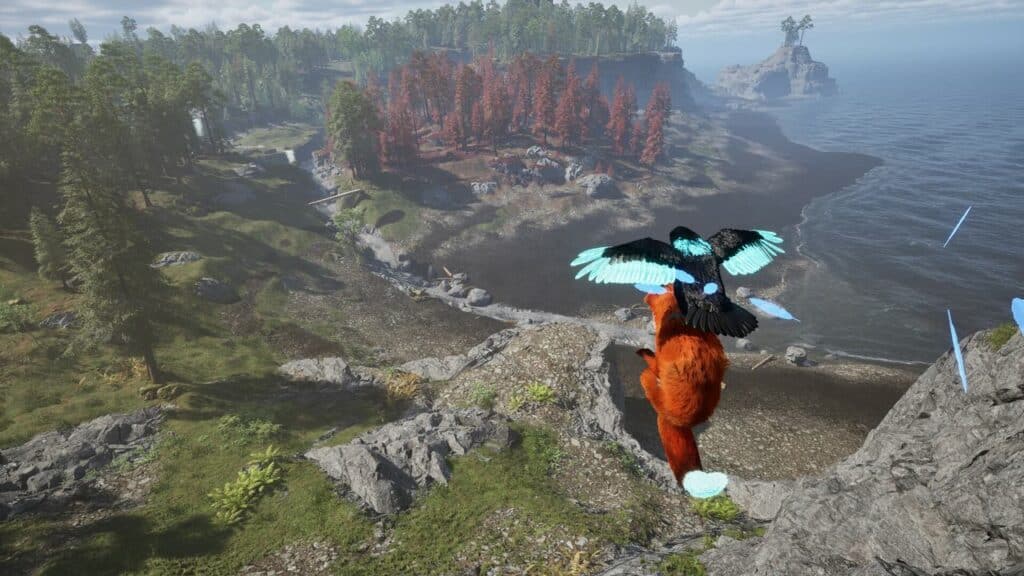 A large red fox with a blue bird on its back leaps off a cliff toward a forested coastal landscape, echoing the enchanting world of Spirit of the North 2.