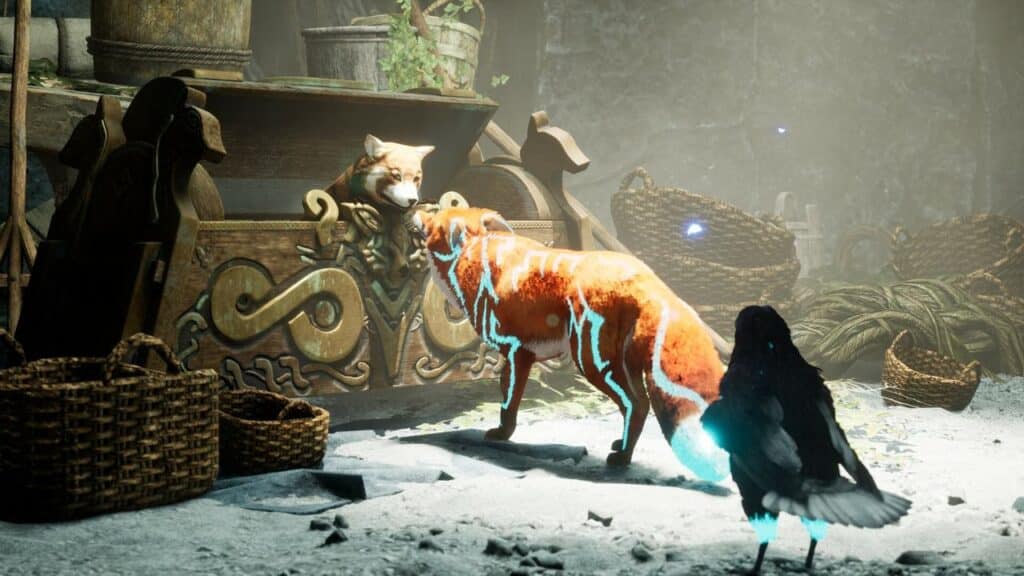 A glowing fox from Spirit of the North 2 approaches a wooden chest with a fox head, while a black bird stands nearby in a rustic room.
