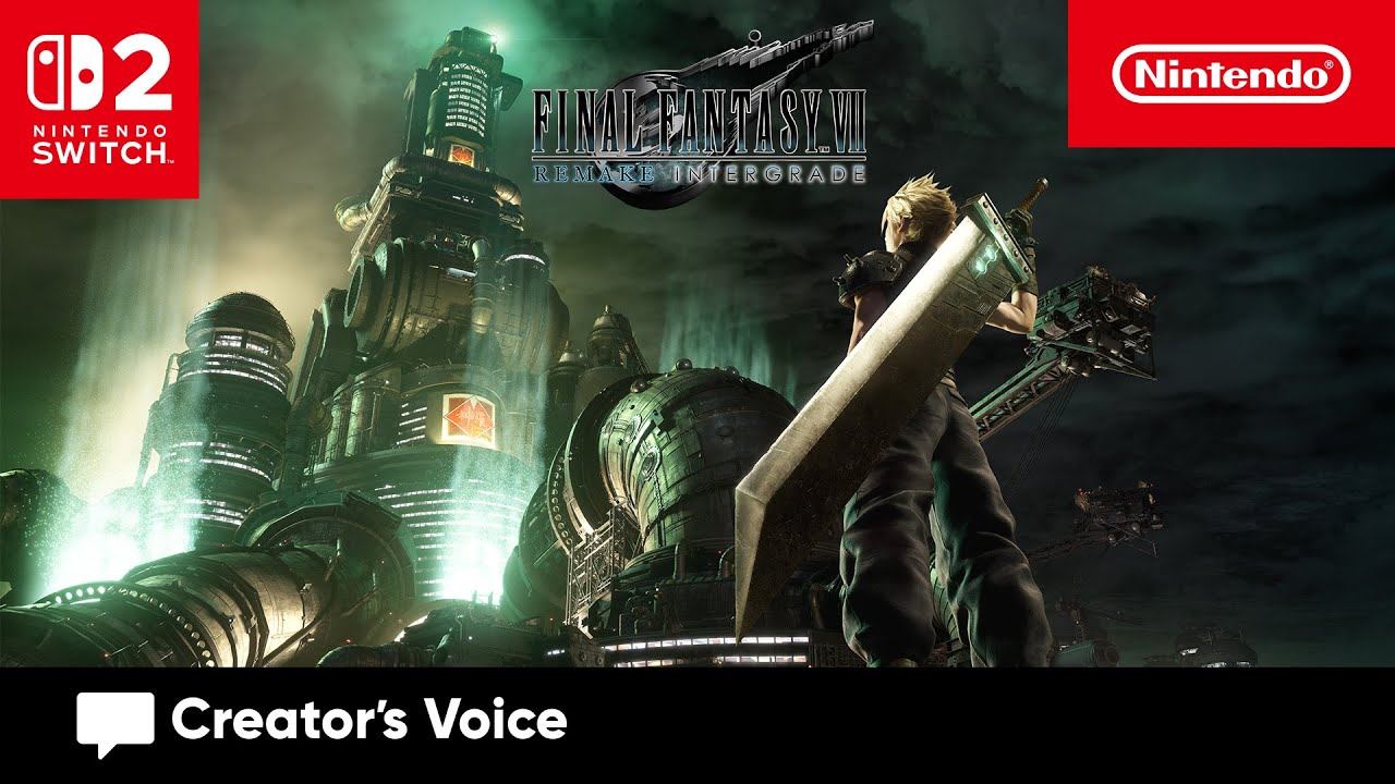 Cloud with a sword stands before a futuristic city; Final Fantasy VII Remake Intergrade arrives on Nintendo Switch 2.
