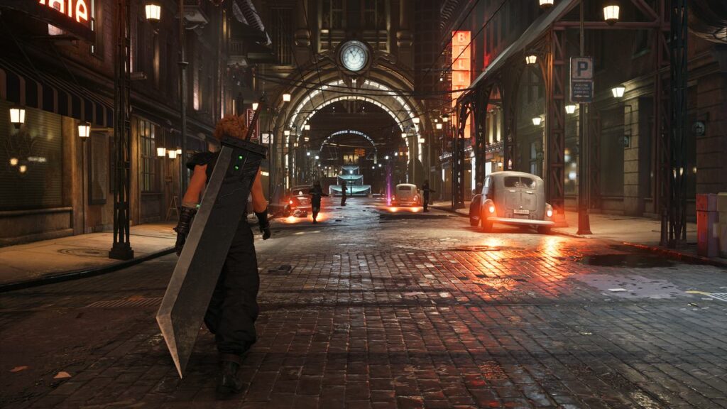 A character with a large sword walks down a wet, neon-lit city street with vintage cars at night, evoking the atmosphere of Final Fantasy VII Remake Intergrade on Nintendo Switch 2.