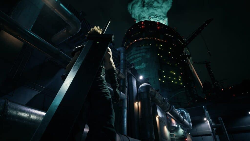A figure with a large sword stands before an industrial building emitting green smoke at night, evoking the atmospheric world of Final Fantasy VII Remake Intergrade on Nintendo Switch 2.
