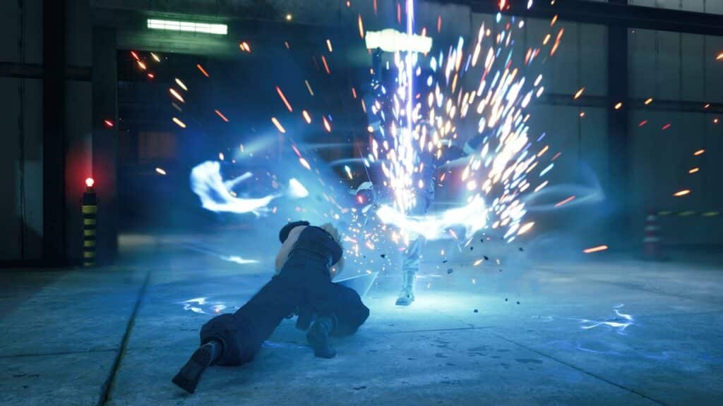 A character dodges as another unleashes a burst of blue energy and sparks in an industrial setting, reminiscent of intense battles in Final Fantasy VII Remake Intergrade.