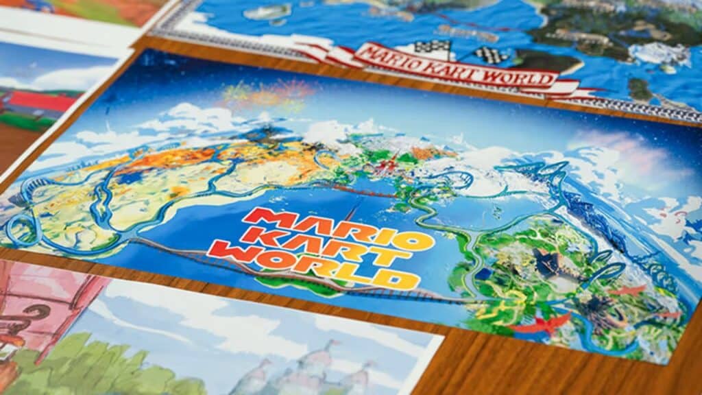 A colorful illustrated map labeled "Mario Kart World on Nintendo Switch 2" lies on a wooden table among other drawings.