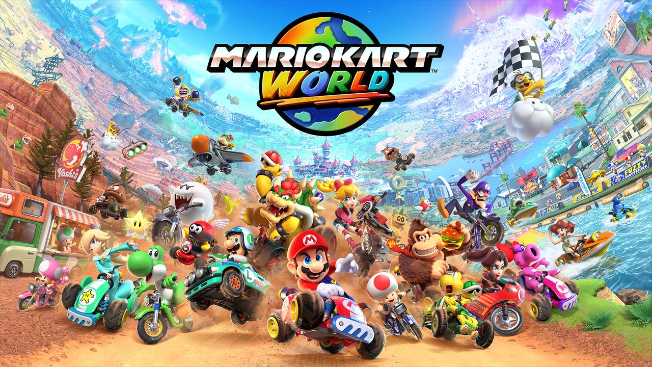 Mario and friends race go-karts in a colorful, vibrant world filled with lively characters and tracks, bringing the excitement of Mario Kart World on Nintendo Switch 2 to life.