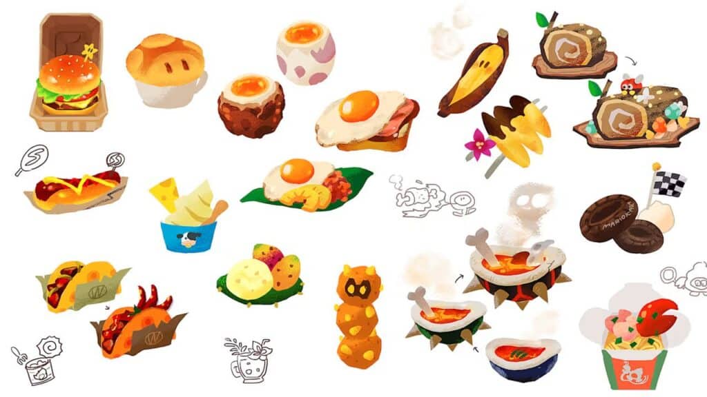 Cartoon-style various foods like burgers, eggs, tacos, cake, and fruit with playful, whimsical designs—perfect for fans of Mario Kart World on Nintendo Switch 2.