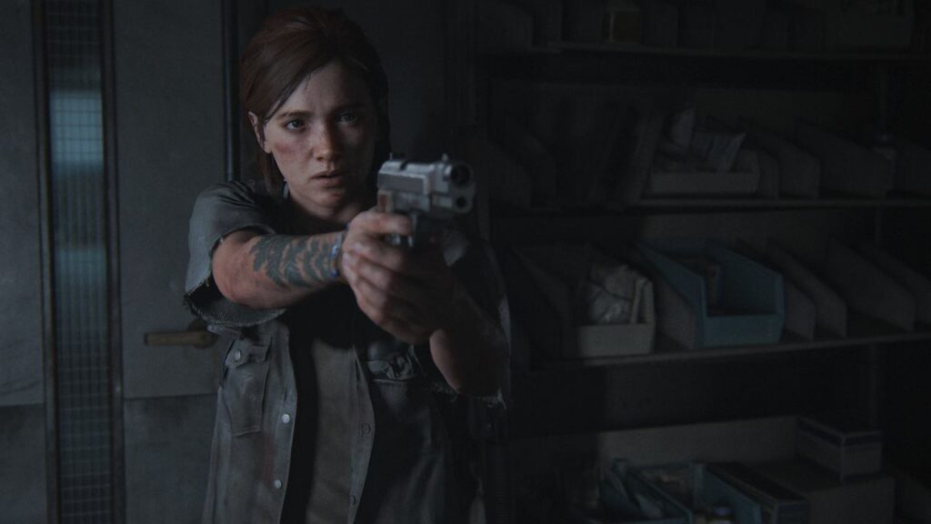 A woman with a tattoo aims a handgun in a dimly lit room filled with shelves and boxes, echoing the intensity of a PlayStation engagement strategy.