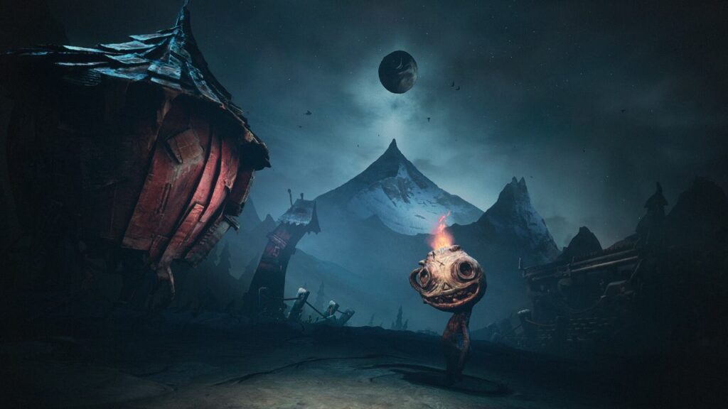 A strange, twisted landscape unfolds on The Midnight Walk, featuring crooked houses, a burning creature, looming mountains, and a dark sky crowned by the moon.