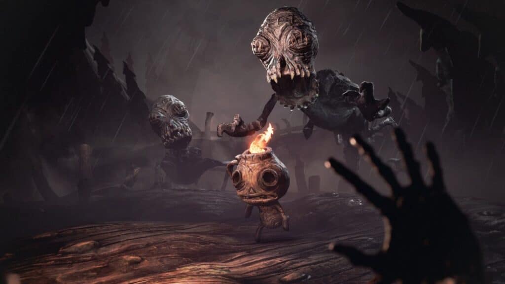 A small creature with a torch flees from two large, monstrous beings in a dark, eerie environment during The Midnight Walk.