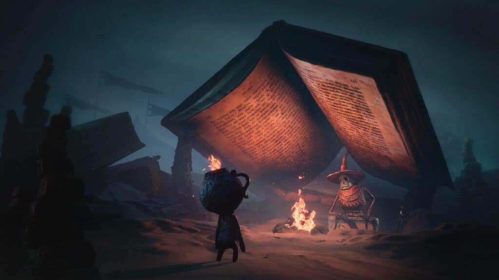 Potboy faces a campfire and a scarecrow under a giant open book in a dark, surreal landscape—capturing the mysterious spirit of The Midnight Walk.