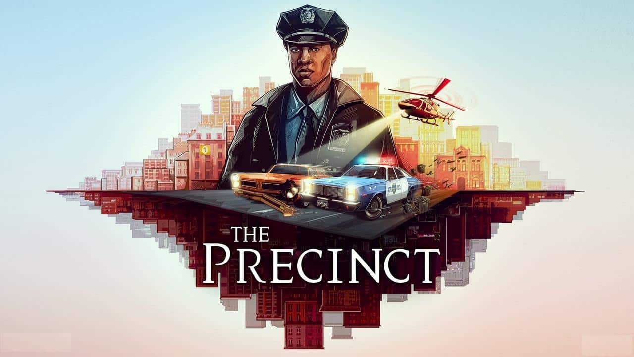 A police officer, patrol cars, and a helicopter with city buildings set the scene under "The Precinct" title in bold letters.