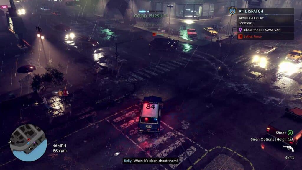 Rainy night video game scene from The Precinct: a police car in pursuit speeds through city streets, HUD displays mission details.