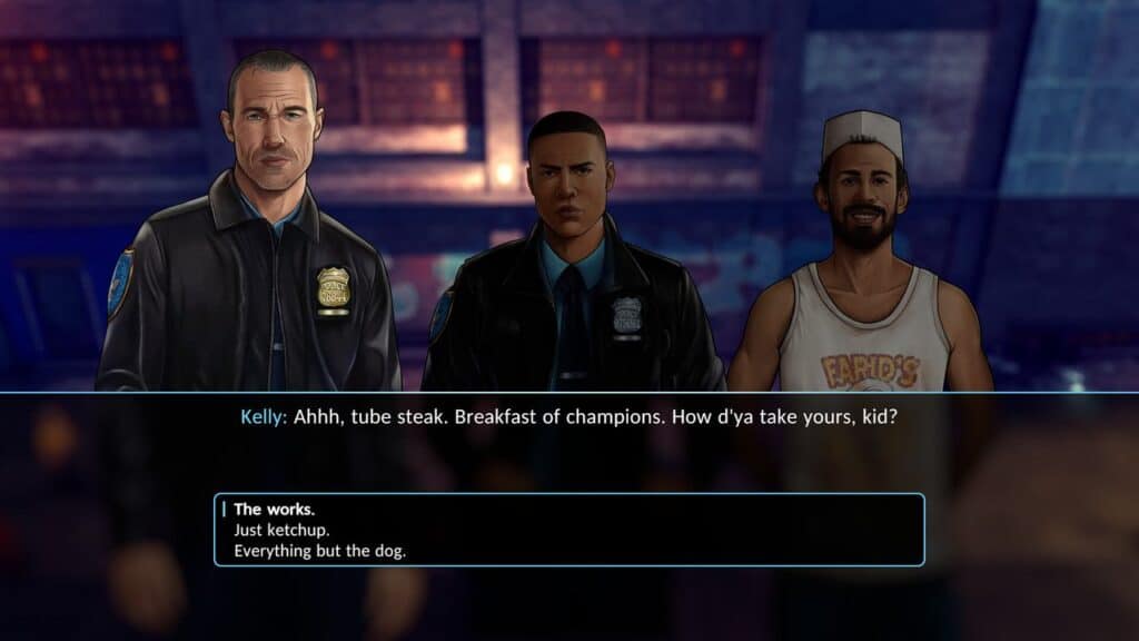 Three people stand together: two in police uniforms from The Precinct, one in a tank top and chef hat, with dialogue and choices below.