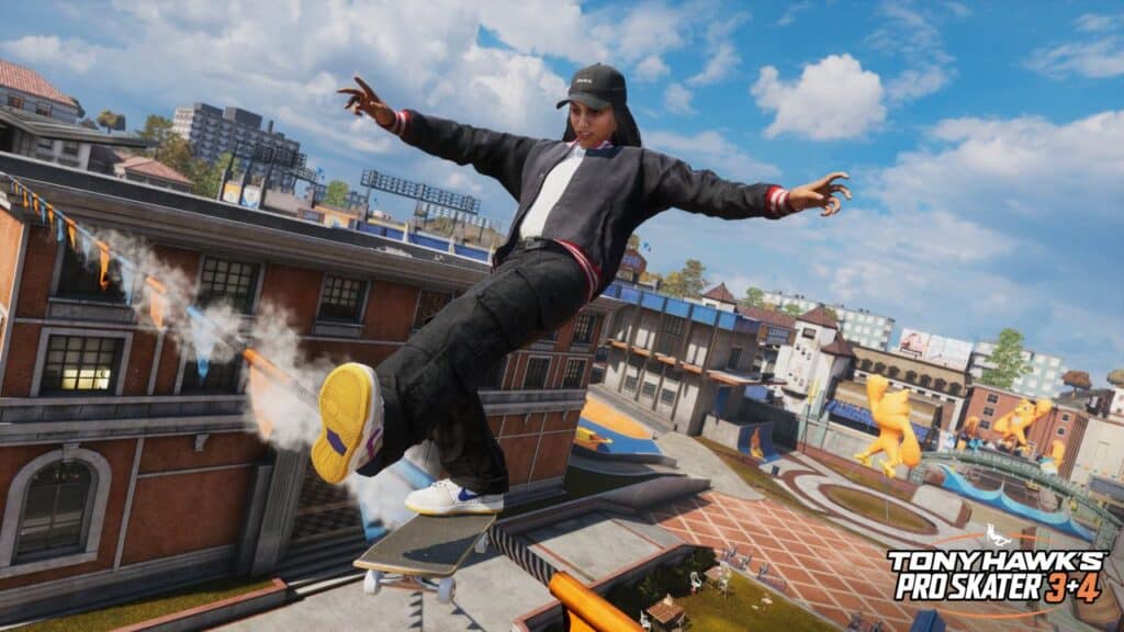 A skateboarder grinds a rail at a skatepark in Tony Hawk’s Pro Skater 3 + 4, showcasing the iconic tricks and fast-paced action that define the legendary game series.