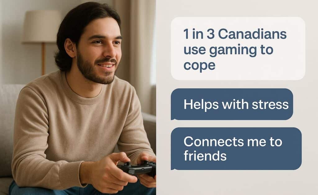 Man playing video games, with text: 1 in 3 Canadians use gaming to cope; GameRx wellness gaming platform helps with stress; connects me to friends.