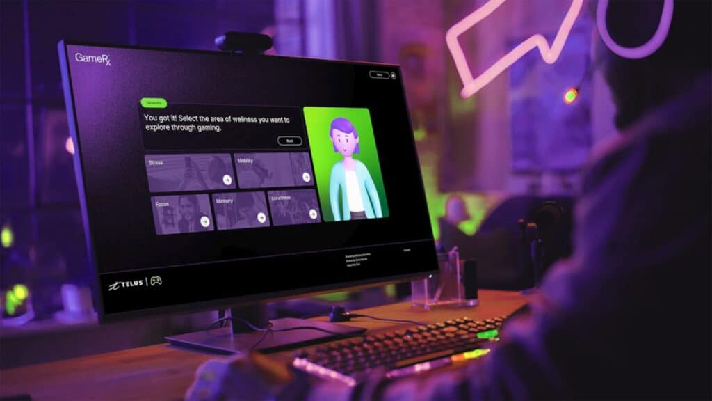 A person uses a computer displaying the GameRx wellness gaming platform, featuring various mental health options on screen.