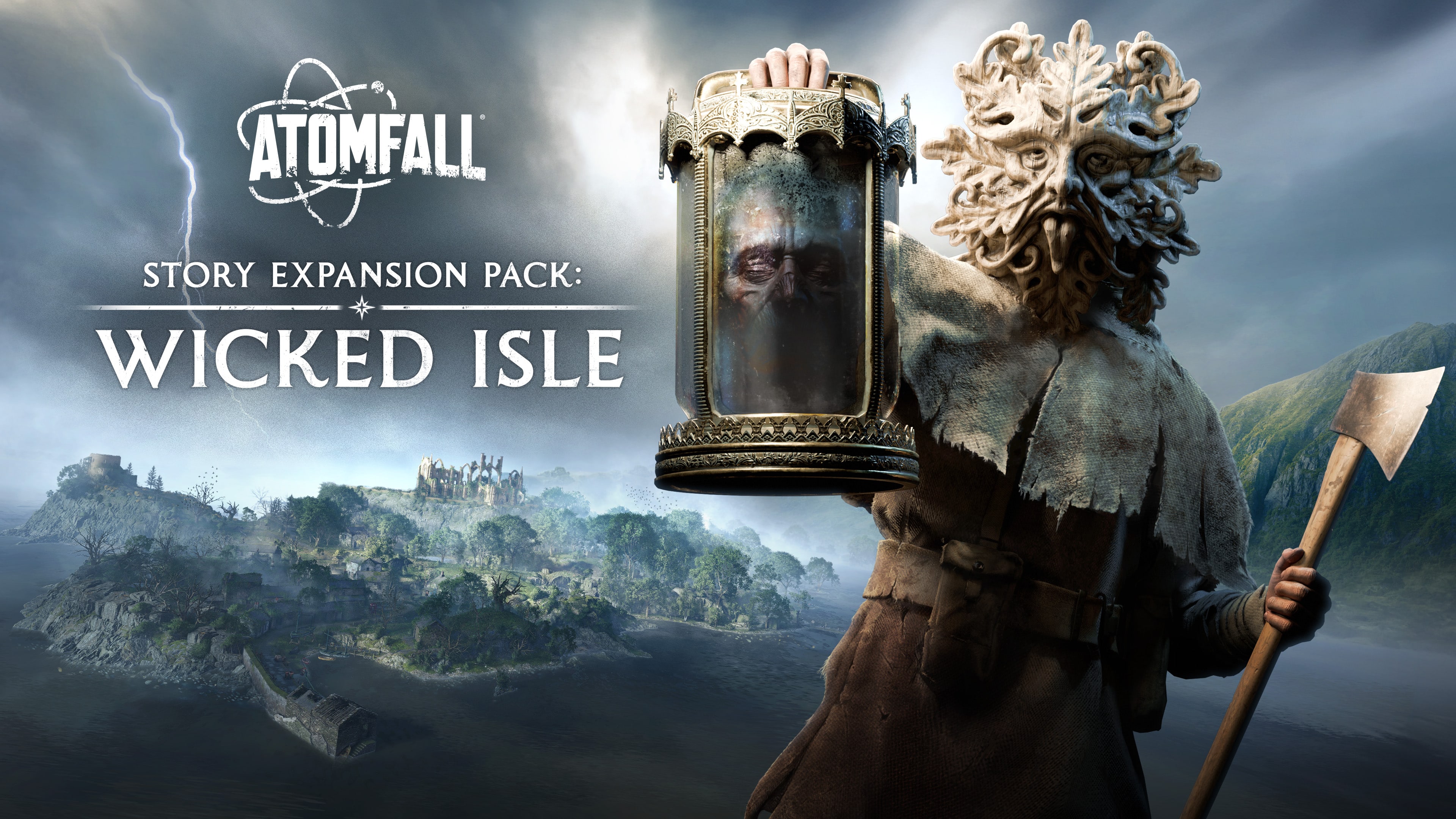 A masked figure holds a jar with a head inside; text reads "Atomfall: Wicked Isle Story Expansion Pack.