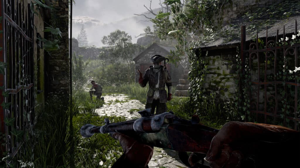 A person aims a rifle at two armed figures in a lush, overgrown village with stone buildings.