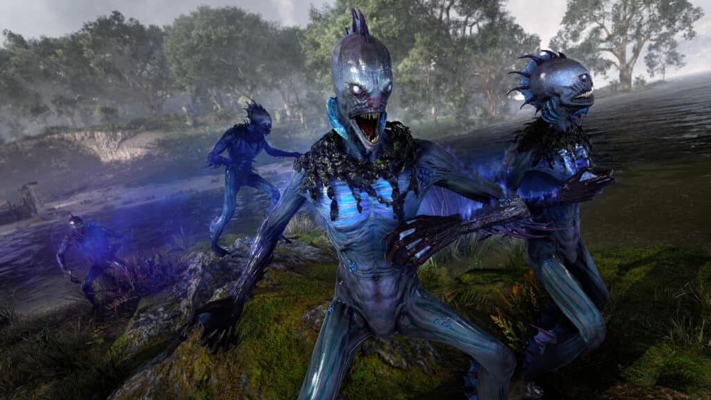 Four blue, monstrous, fish-like humanoids snarl on a rocky shore, glowing with ethereal blue energy.